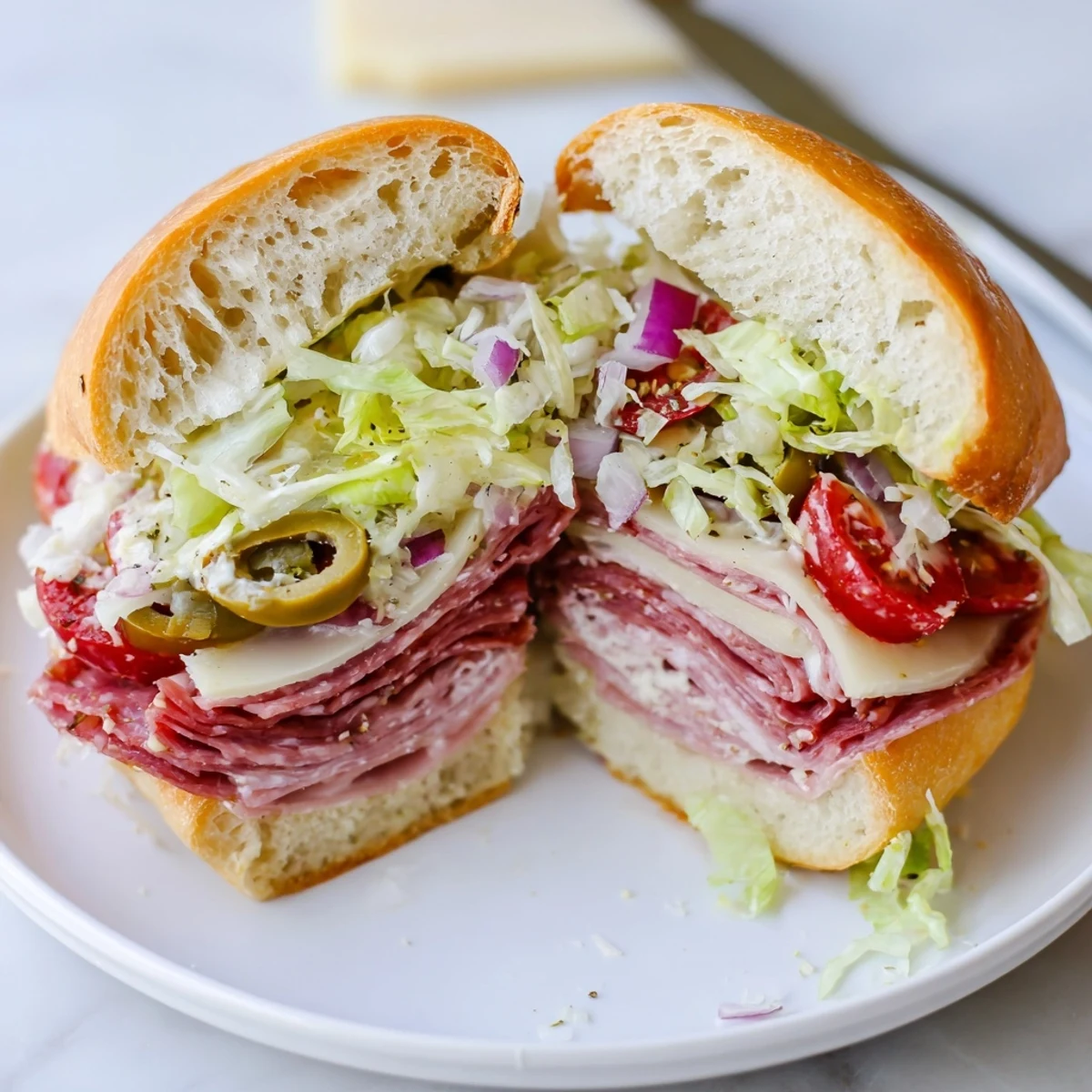 Italian Grinder Salad Sandwich piled with meats, provolone, zesty crunchy salad