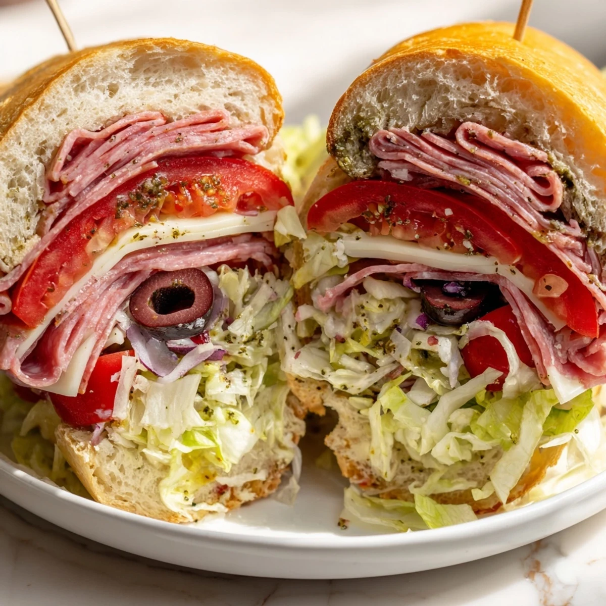 Toasted Italian Grinder Salad Sandwich cut in half, steam rising, ready