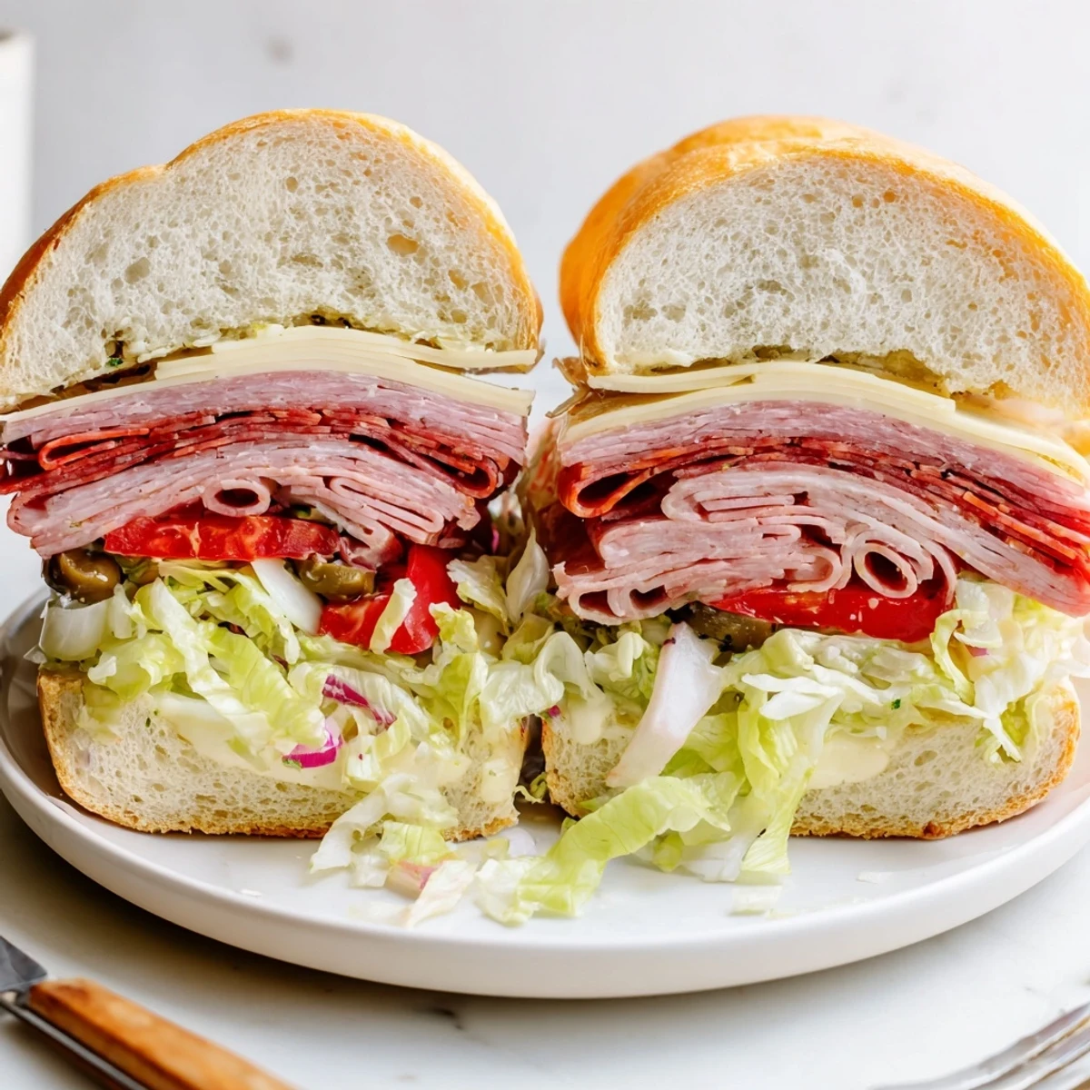 Cold Italian Grinder Salad Sandwich layered with capicola, pepperoncini, tangy mayo dressing