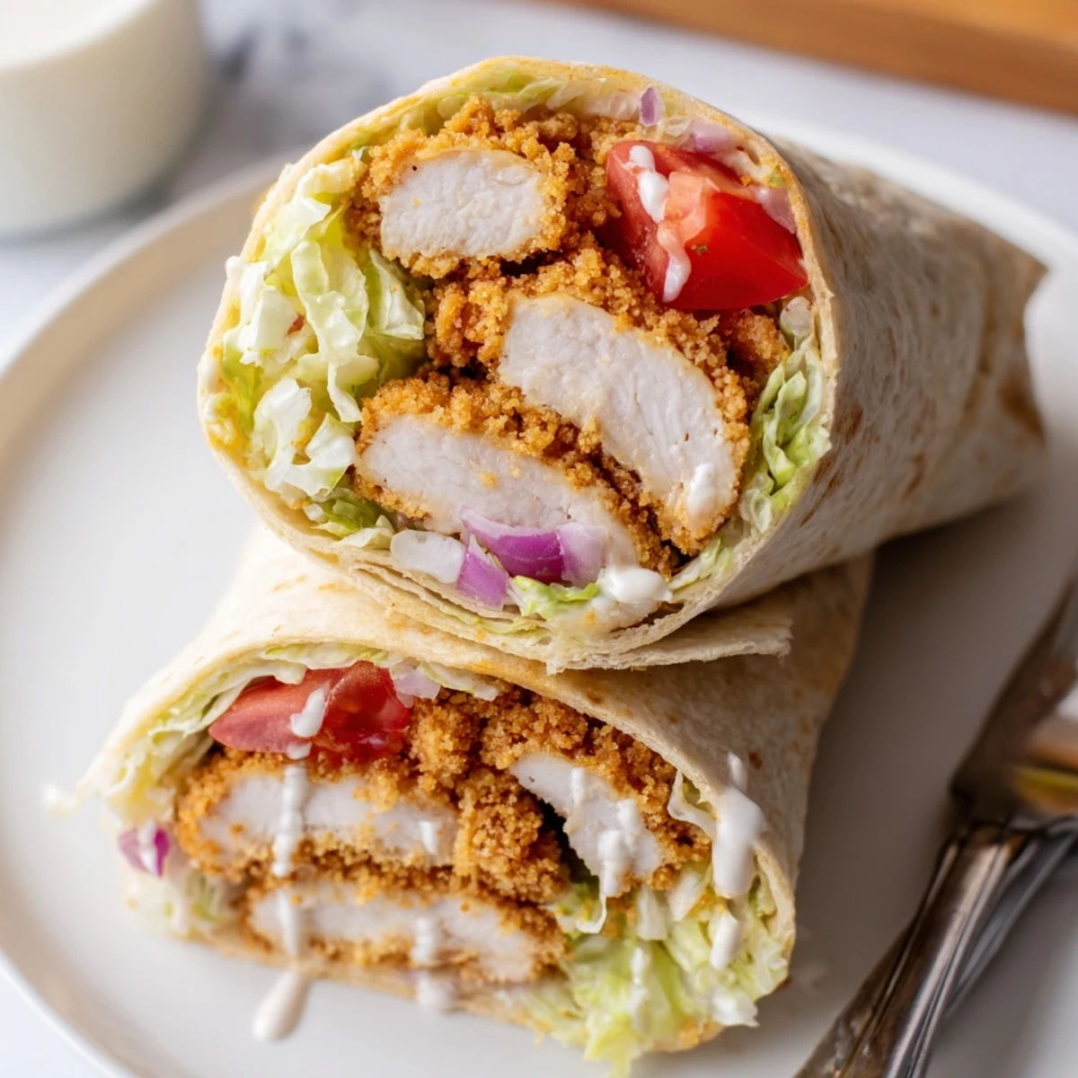 Crispy Chicken Ranch Wrap sliced in half, golden chicken, creamy ranch drizzle