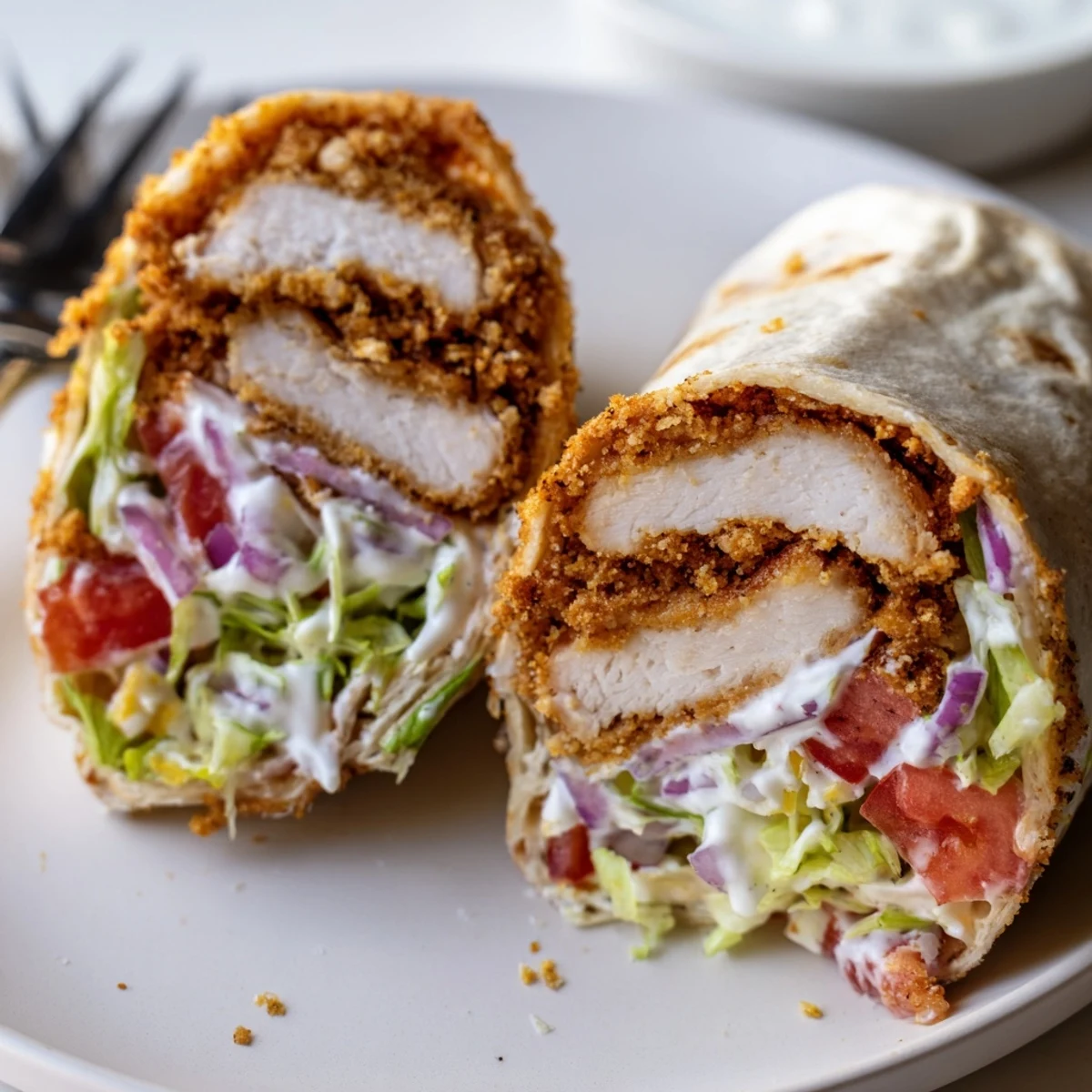 Handheld Crispy Chicken Ranch Wrap nestled on plate with avocado slices