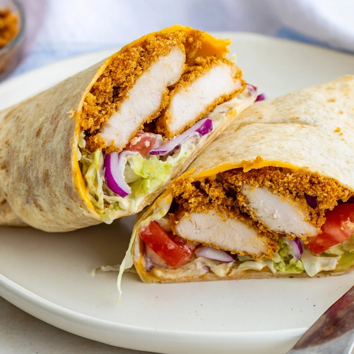 Warm Crispy Chicken Ranch Wrap with crunchy lettuce, juicy tomato, melted cheddar