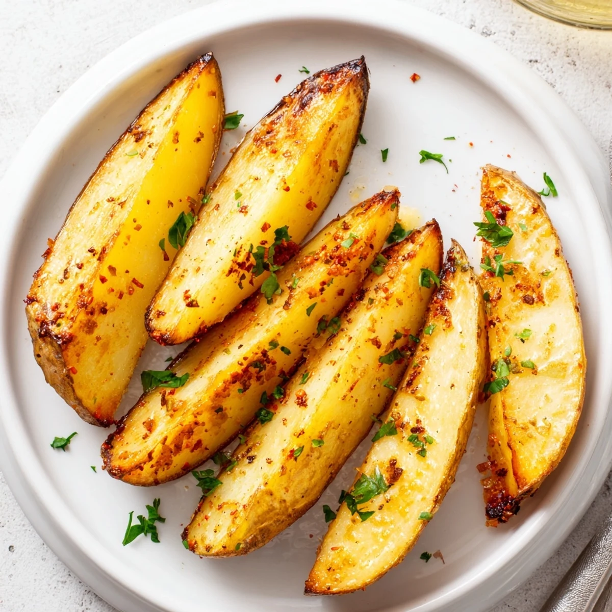 Golden oven-baked Potato Wedges, crispy edges and fluffy centers, served hot