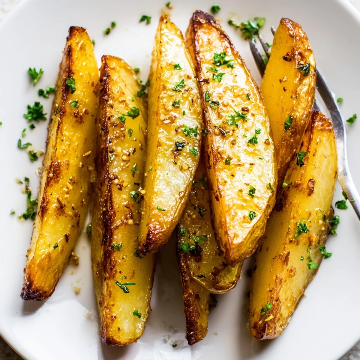Crisp-skinned Potato Wedges on parchment-lined baking sheet, sprinkled with fresh parsley