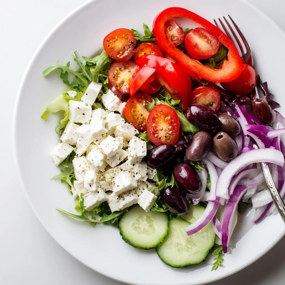 Fresh Salad Recipe with crisp greens, halved tomatoes, cucumber, lemony dressing