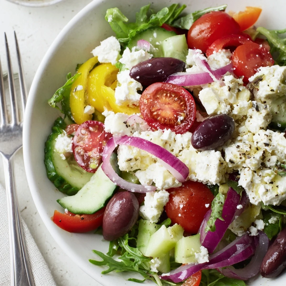 Bright bowl tossed with olive oil, feta, and arugula Fresh Salad Recipe