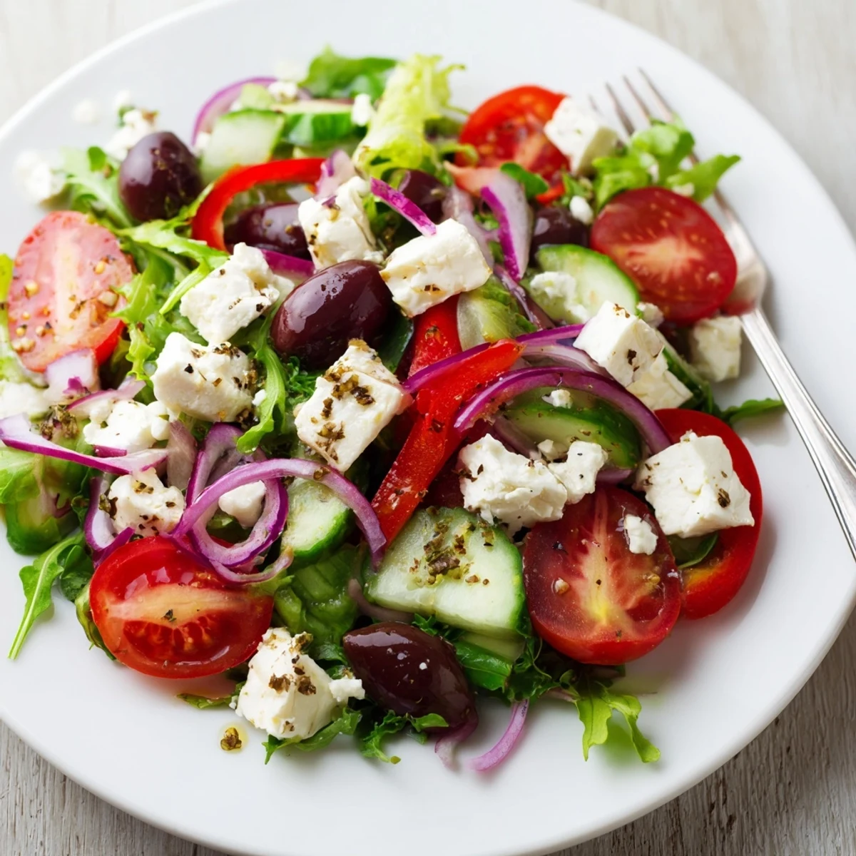 Crisp greens, cherry tomatoes, and cucumber showcase this Fresh Salad Recipe served immediately