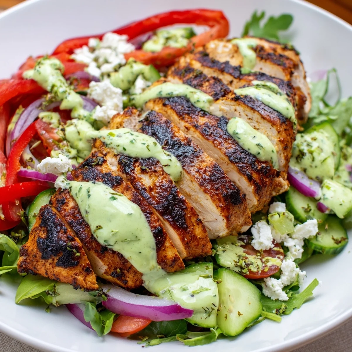Grilled Chicken Salad Avocado Herb Dressing Recipe with charred chicken, crisp greens.
