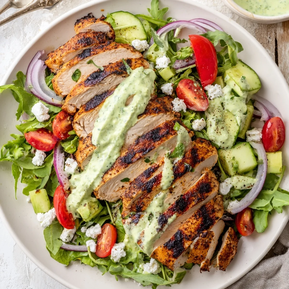 Sliced smoky chicken atop mixed greens in Grilled Chicken Salad Avocado Herb Dressing Recipe.