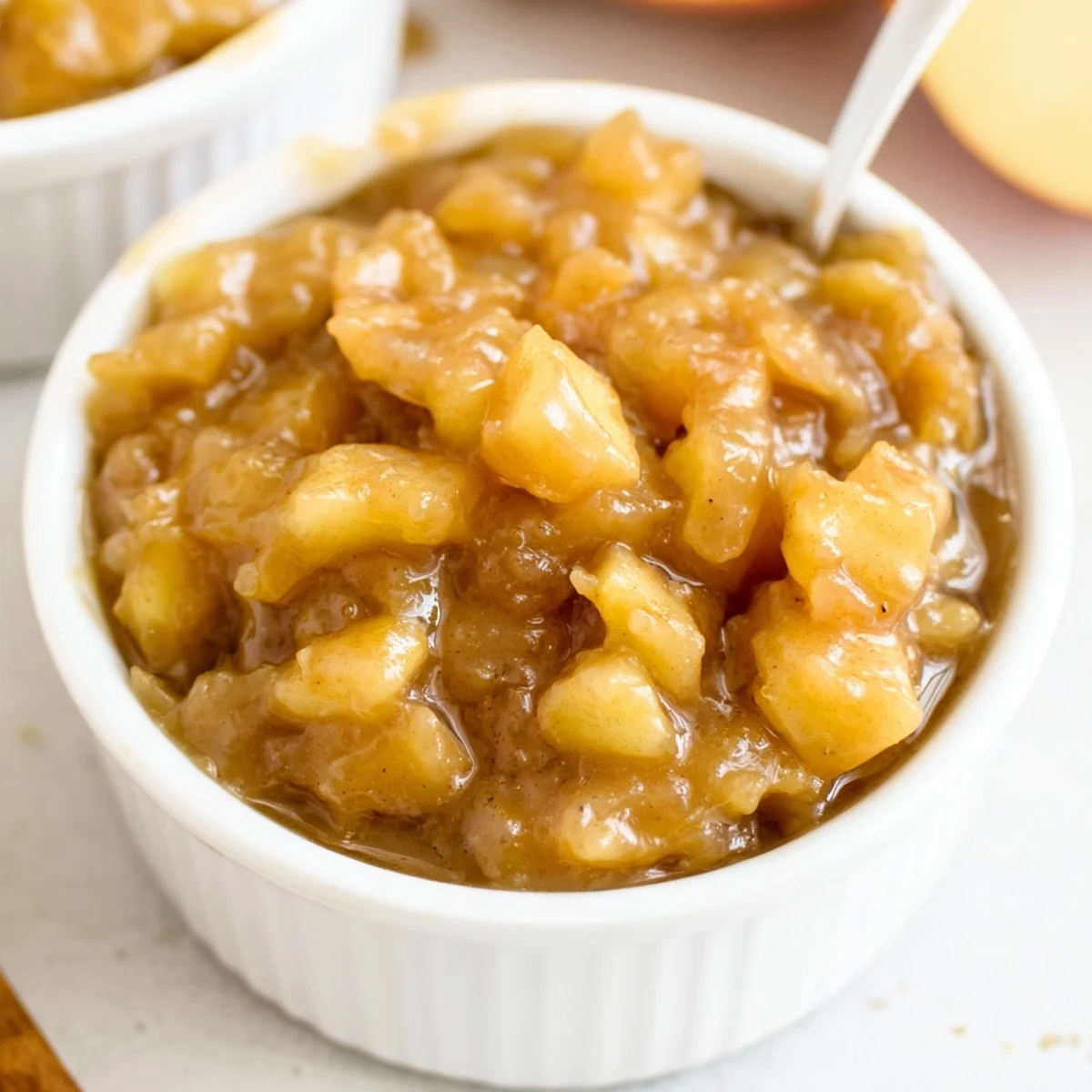 A spoonful of Fall Caramel Apple Jam topping toast, sticky, buttery sweetness