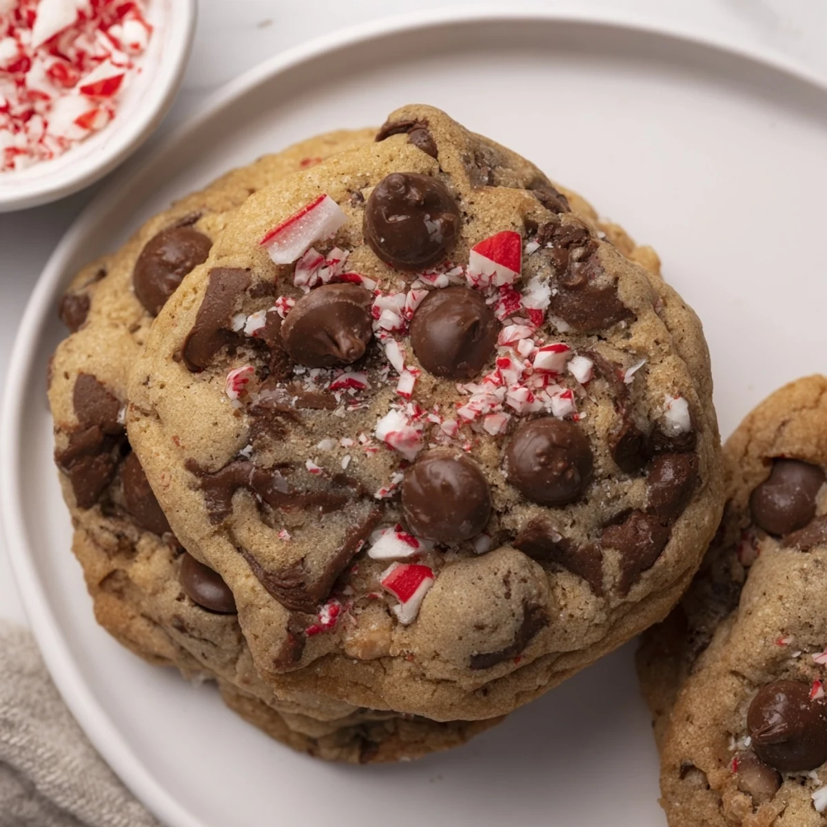 Stack of Peppermint Chocolate Chip Cookies on a plate, cooling, minty aroma