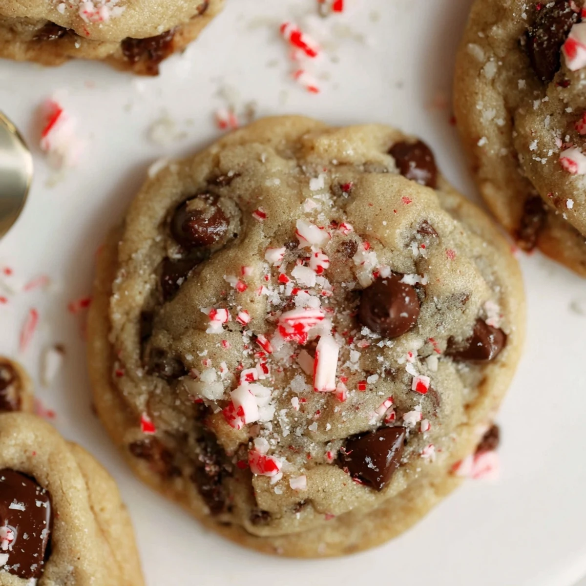Peppermint Chocolate Chip Cookies fresh from oven, warm, dotted with crushed peppermint