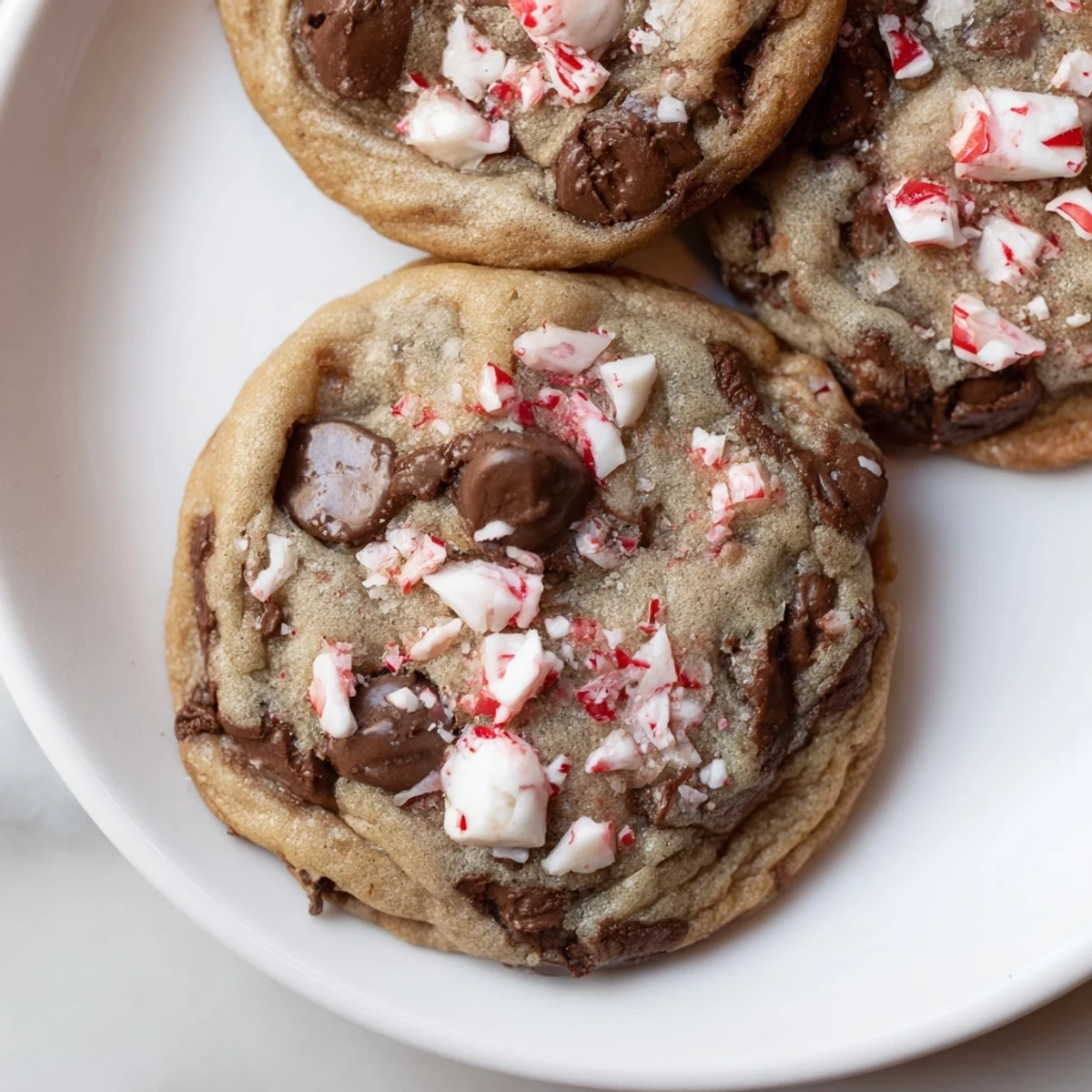 One plate of Peppermint Chocolate Chip Cookies, broken to reveal gooey chocolate