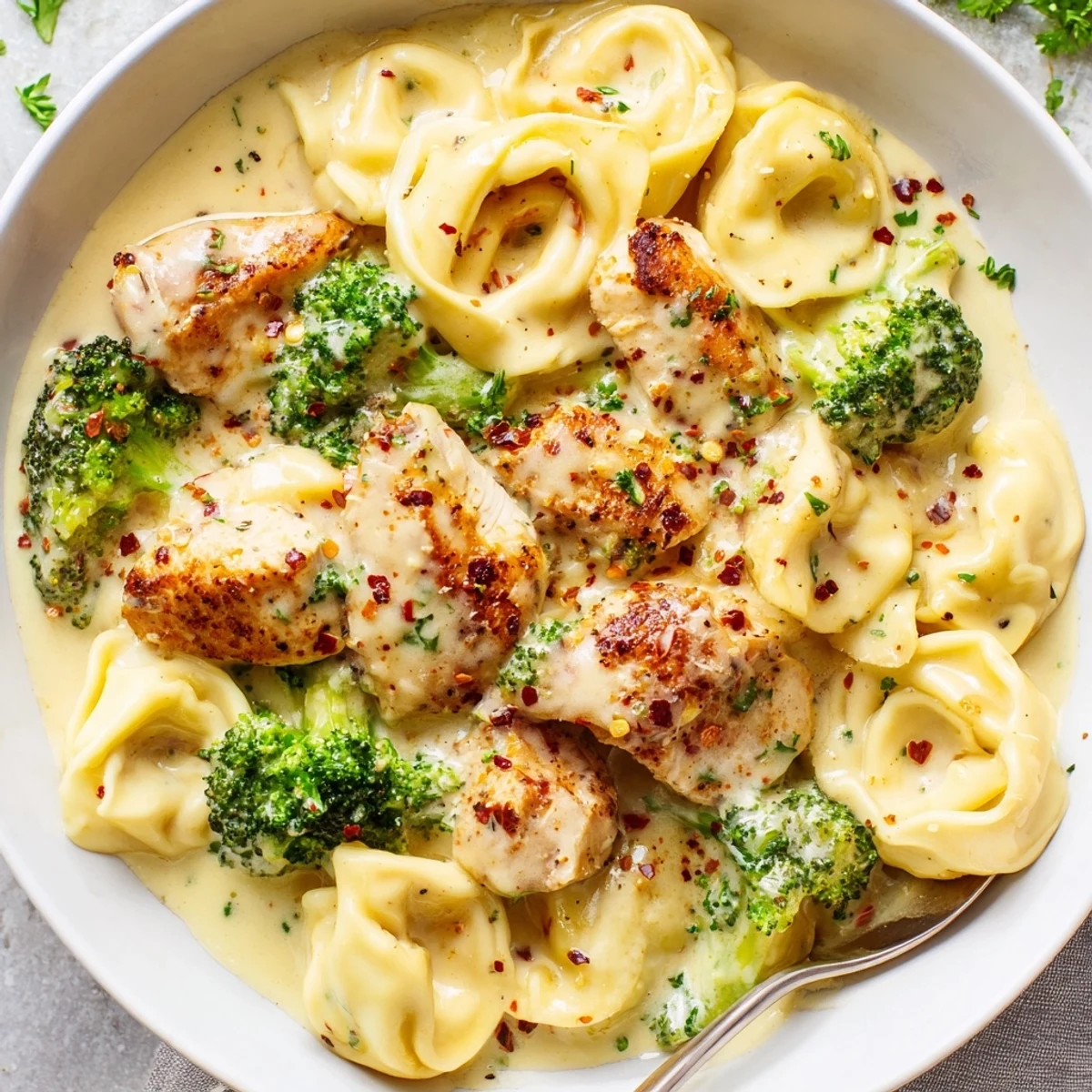 Savory plate of Creamy Garlic Parmesan Tortellini Chicken Broccoli Recipe garnished with bright parsley