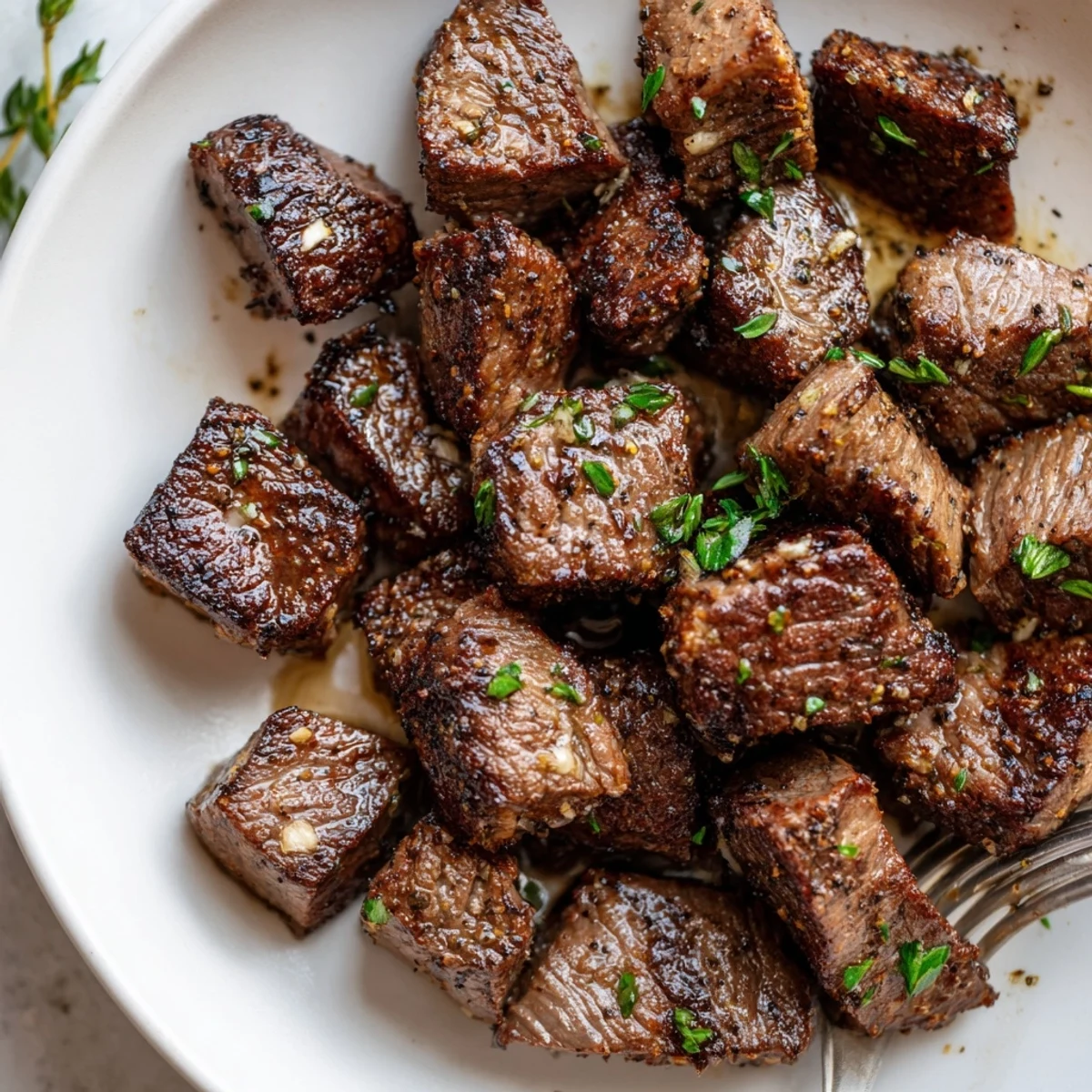 Garlic Butter Steak Bites glistening with herb-flecked butter, steaming on skillet.