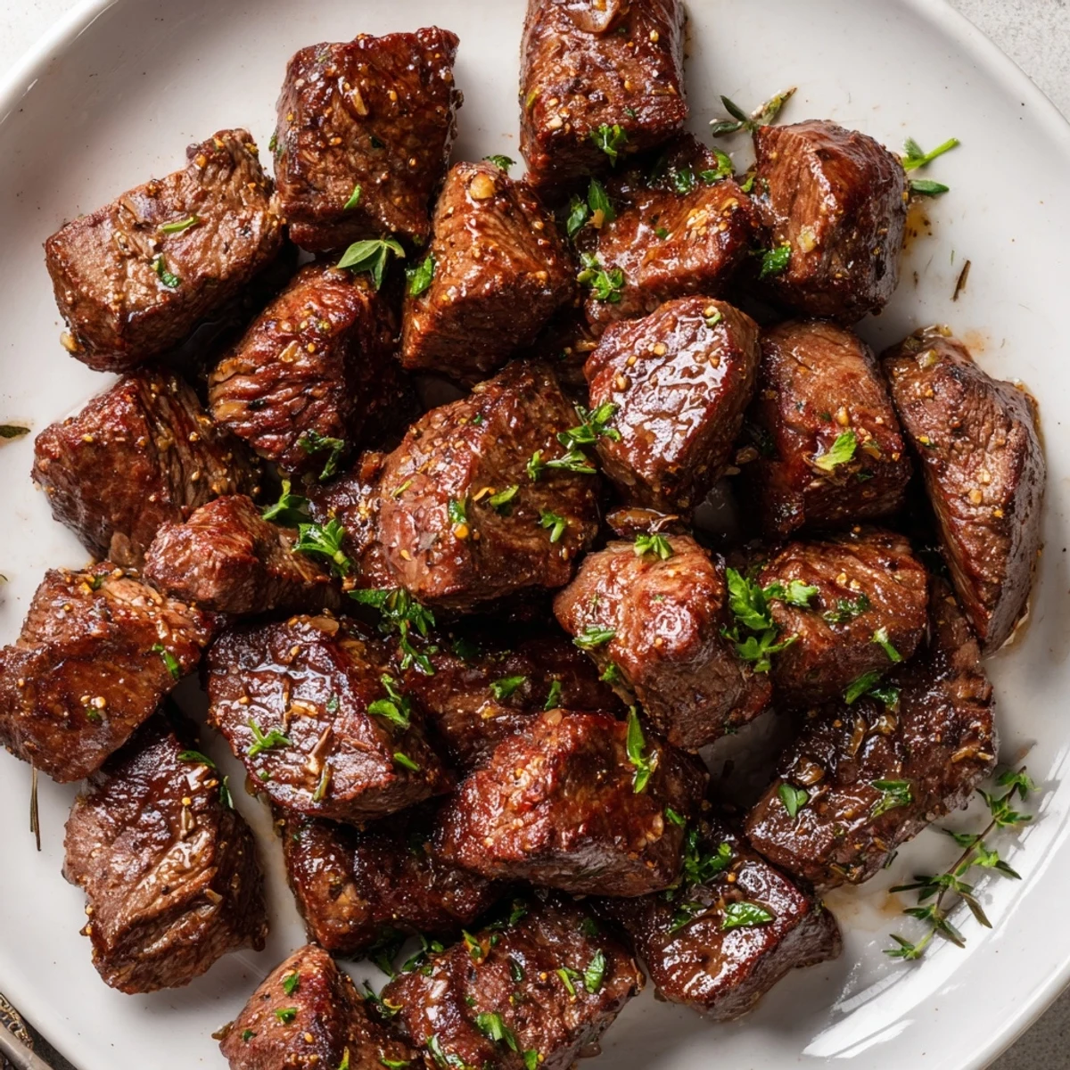 Sizzling Garlic Butter Steak Bites tossed with parsley, perfect over mashed potatoes.