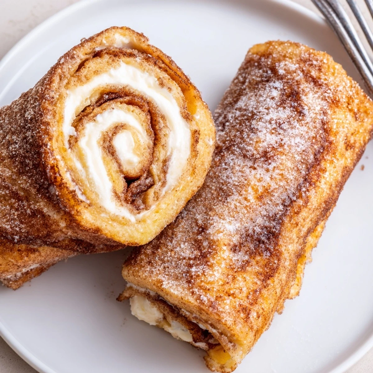 Warm Cinnamon Roll French Toast Roll Ups drizzled with maple syrup, flaky edges