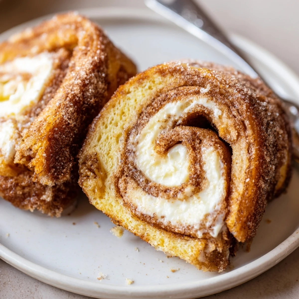 Buttery skillet-seared Cinnamon Roll French Toast Roll Ups, soft cream cheese center