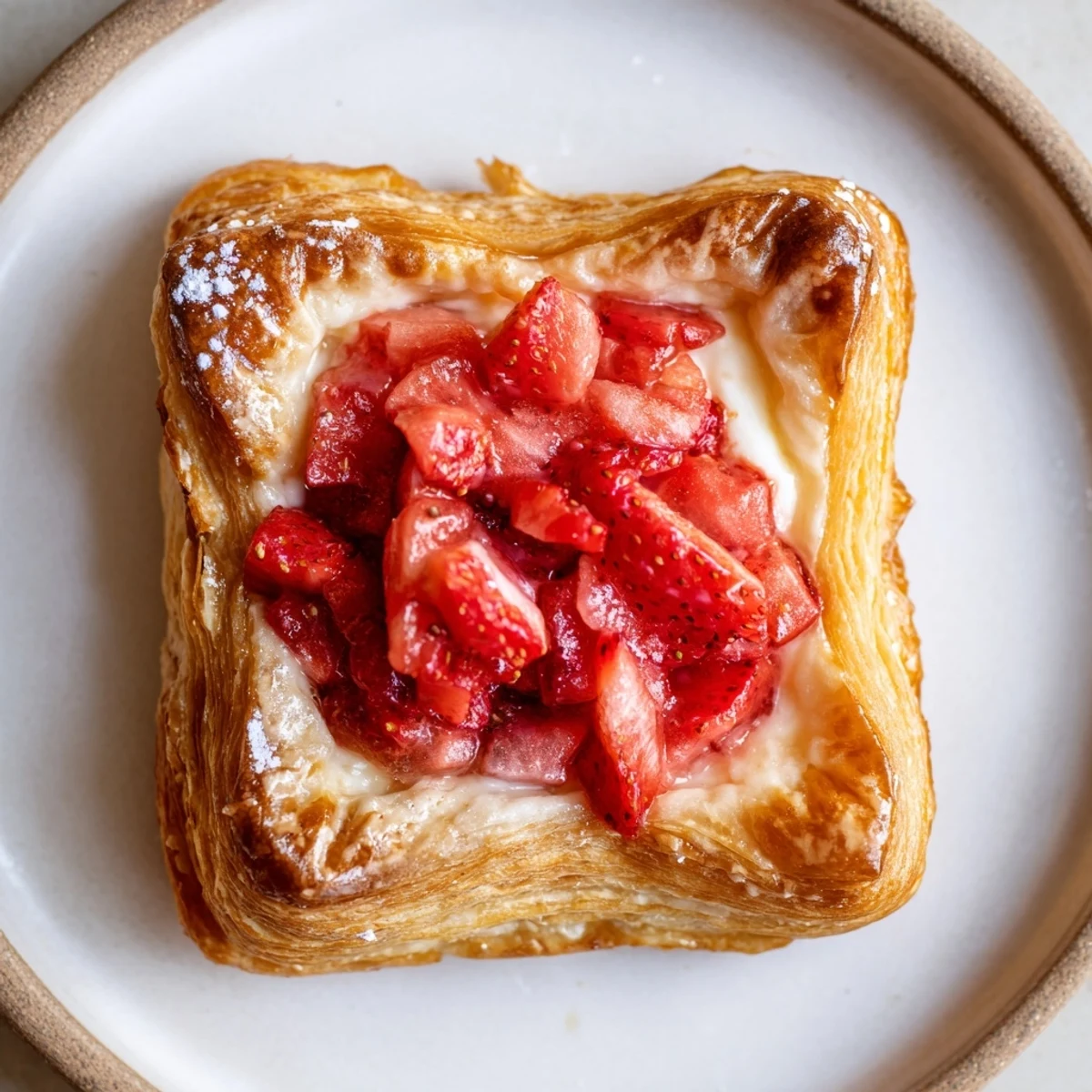 Golden puff pastry with creamy filling topped by strawberries, Strawberry Danish Recipe for brunch