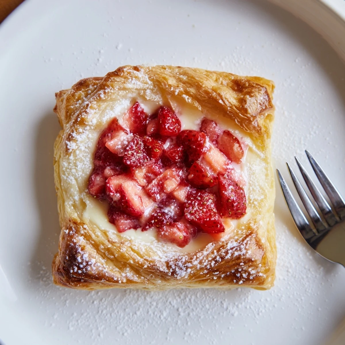 Close-up of warm Strawberry Danish Recipe resting on parchment, glaze glistening