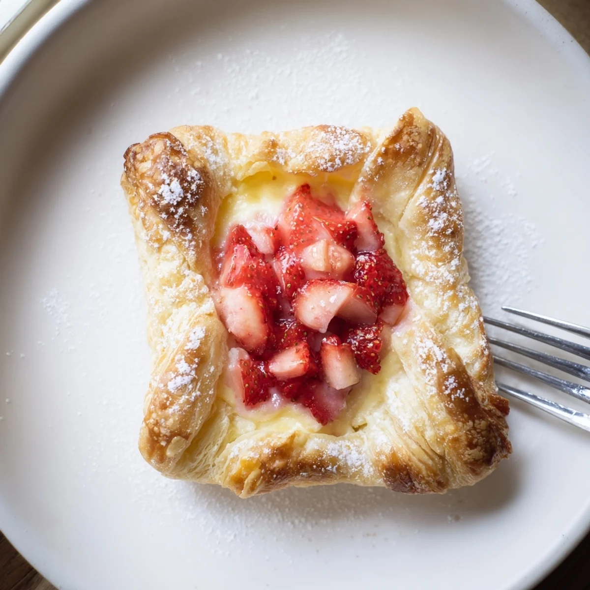 Stacked Strawberry Danish Recipe beside coffee, flaky edges and sweet cream center
