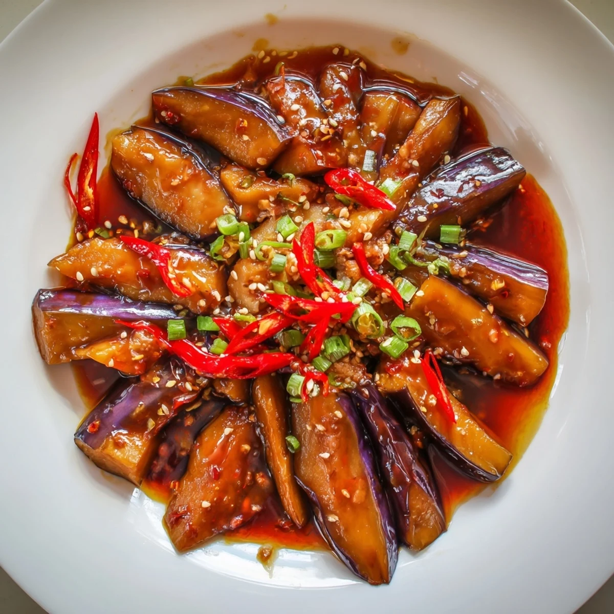 Warm Sichuan Style Braised Aubergines tossed with scallions and fragrant garlic