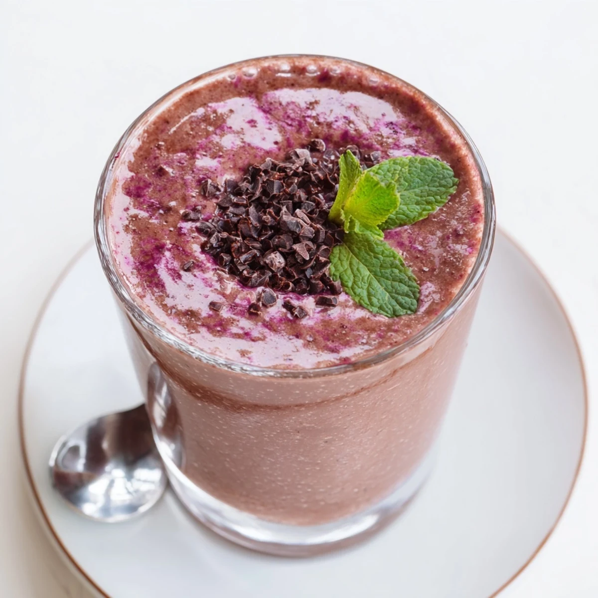 Chocolate Beet Smoothie in tall glass, velvety texture with earthy sweetness