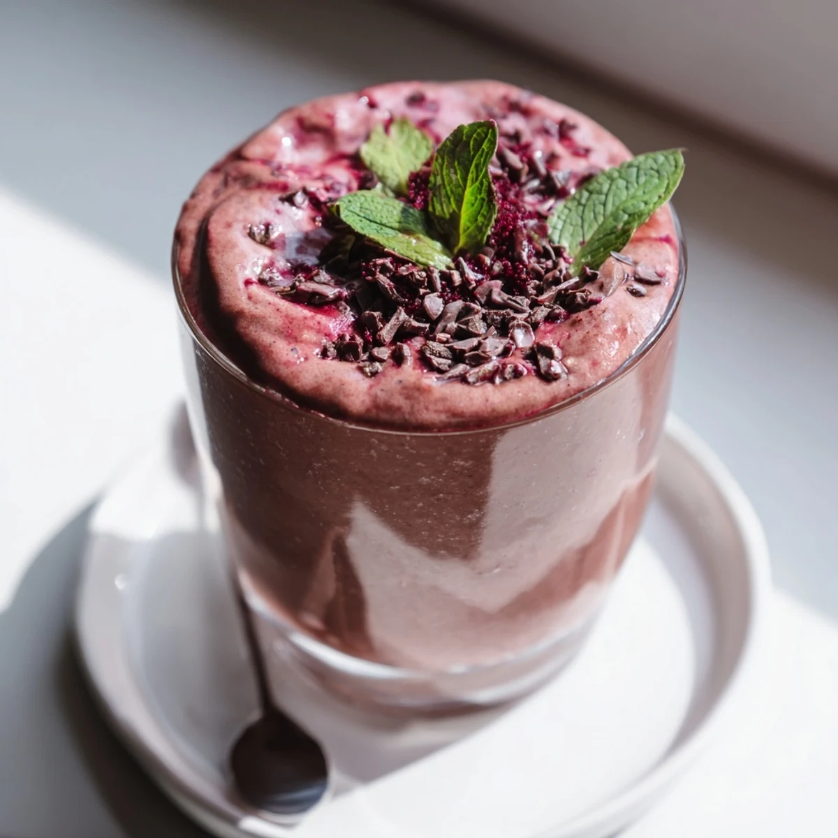 Creamy Chocolate Beet Smoothie topped with cacao nibs and fresh mint