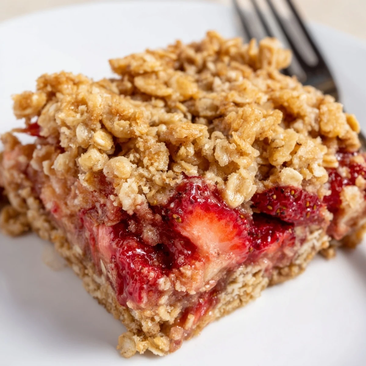 Square Strawberry Oatmeal Crumble Bars served with melting vanilla ice cream scoop