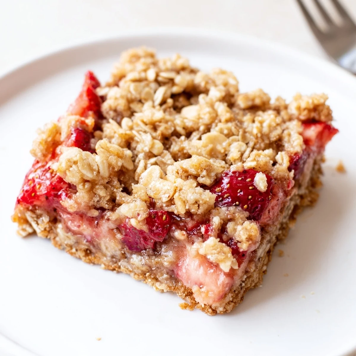 Warm Strawberry Oatmeal Crumble Bars cooling in pan, golden oat topping bubbling