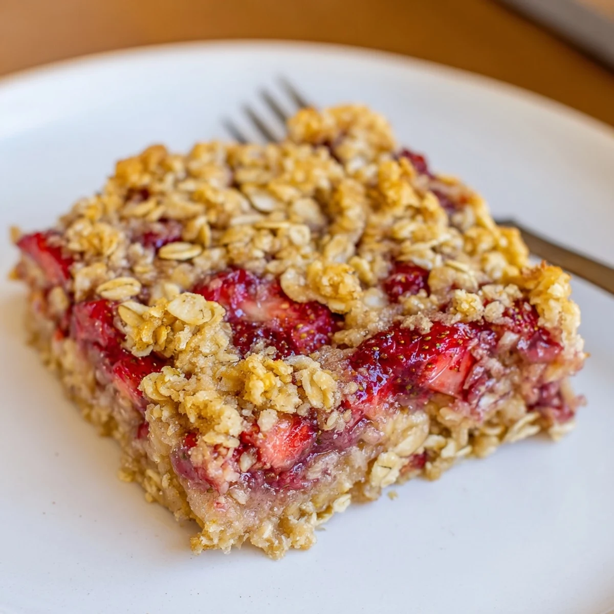 Bite removed revealing juicy filling in pan of Strawberry Oatmeal Crumble Bars