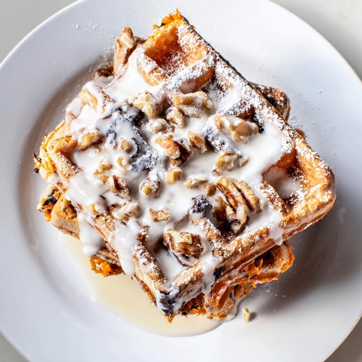 Carrot Cake Waffles stacked, golden crisp edges, warm cinnamon aroma, cream cheese glaze