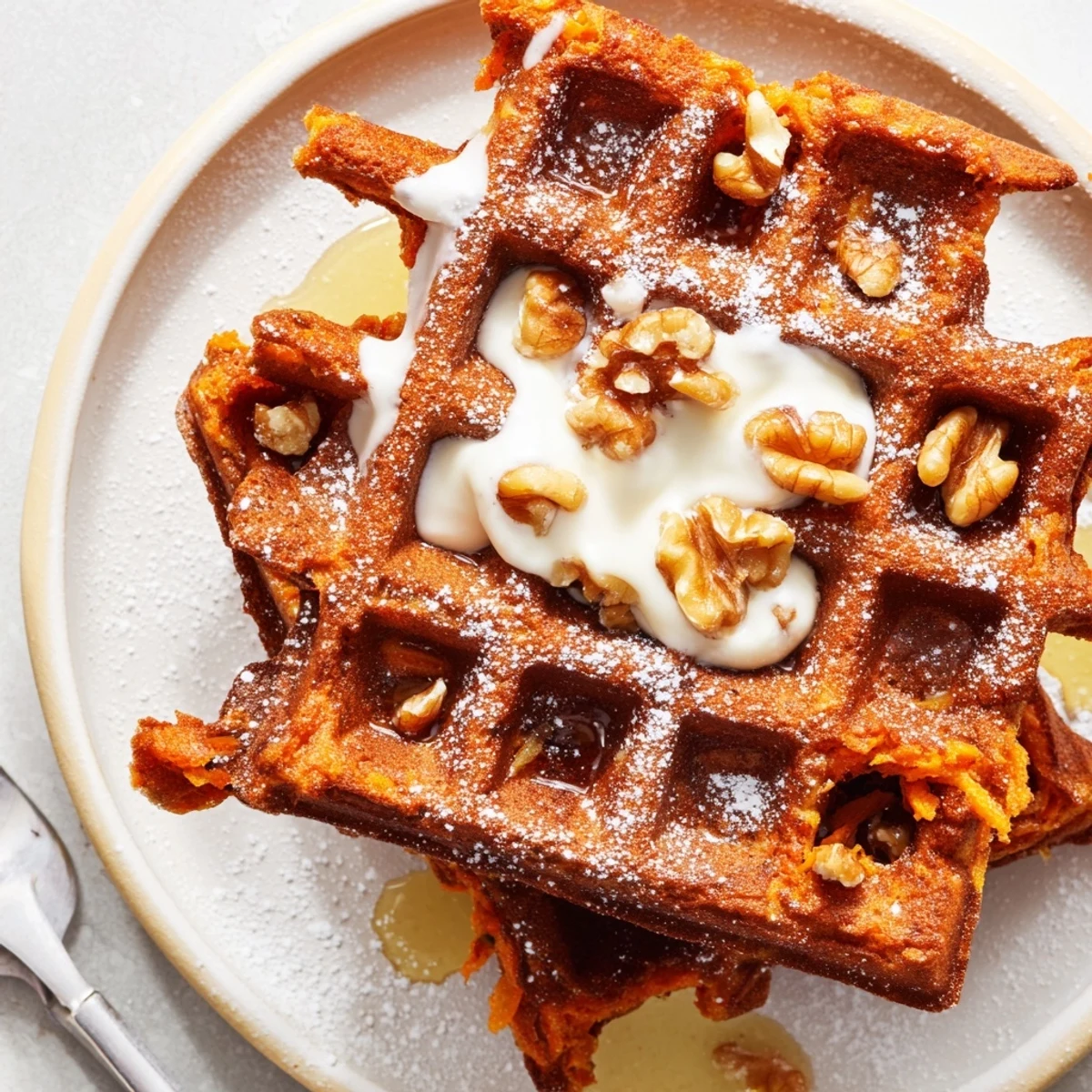 Warm Carrot Cake Waffles dotted with grated carrots, chopped pecans, maple syrup