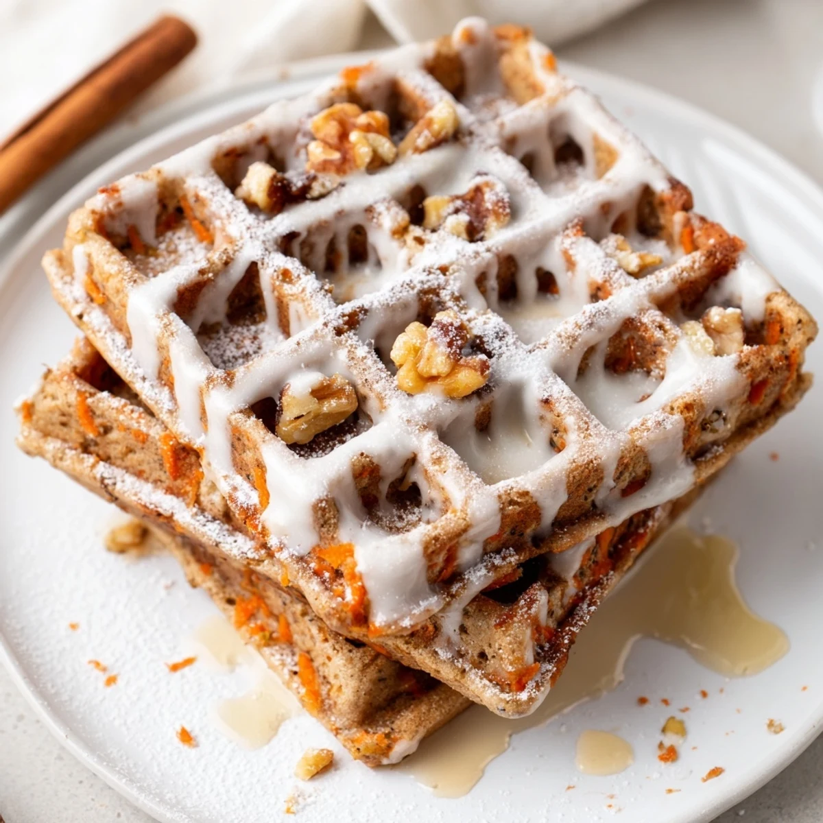 Fluffy Carrot Cake Waffles on plate, steam rising, perfect brunch treat