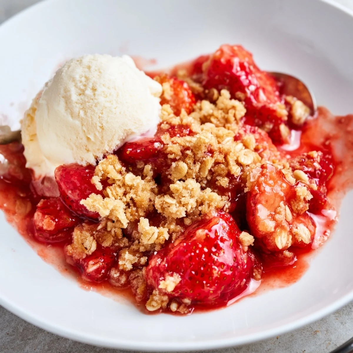 Fresh Strawberry Crisp Recipe bubbling golden with oat topping, served warm.