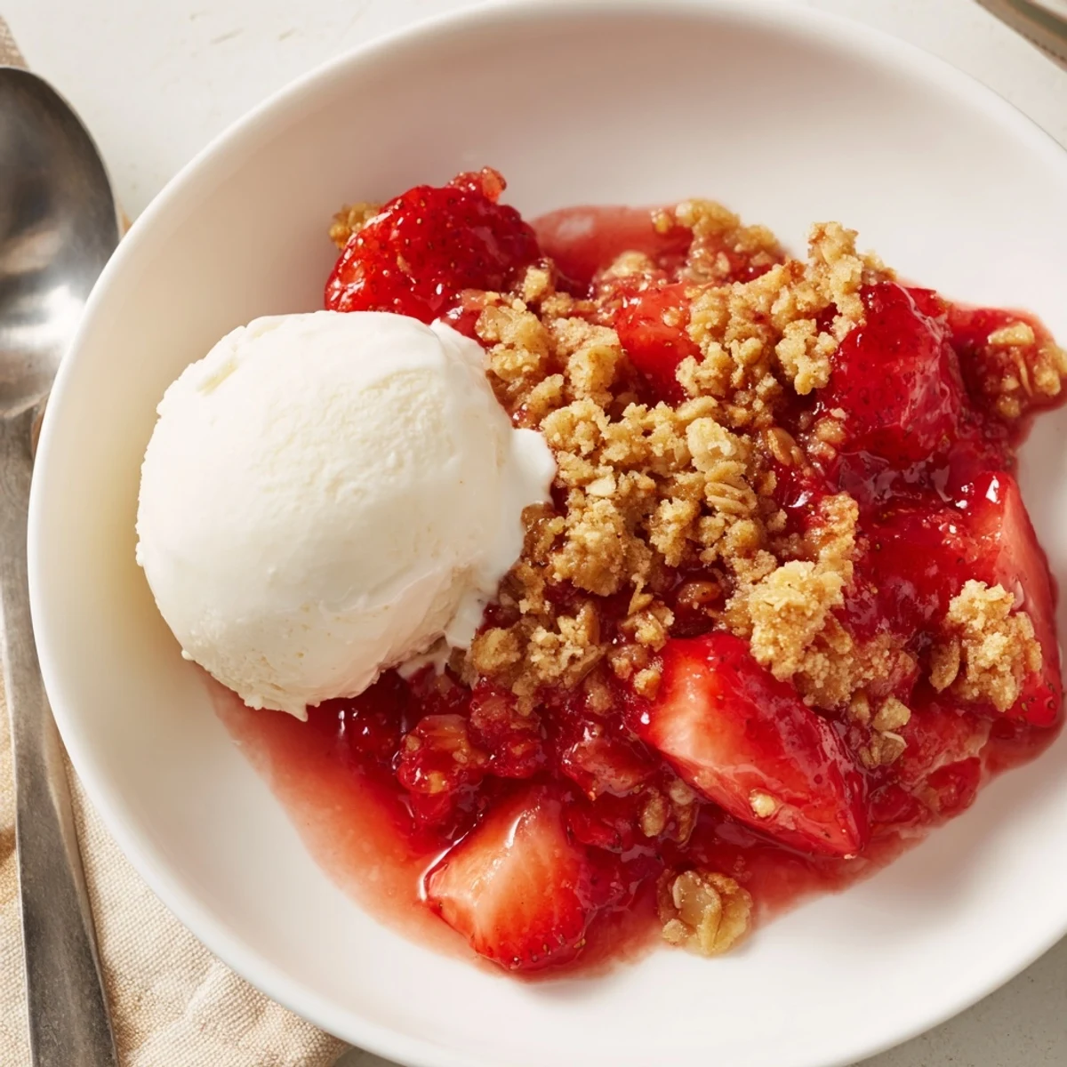 Warm Fresh Strawberry Crisp Recipe spooned into bowl with melting ice cream.