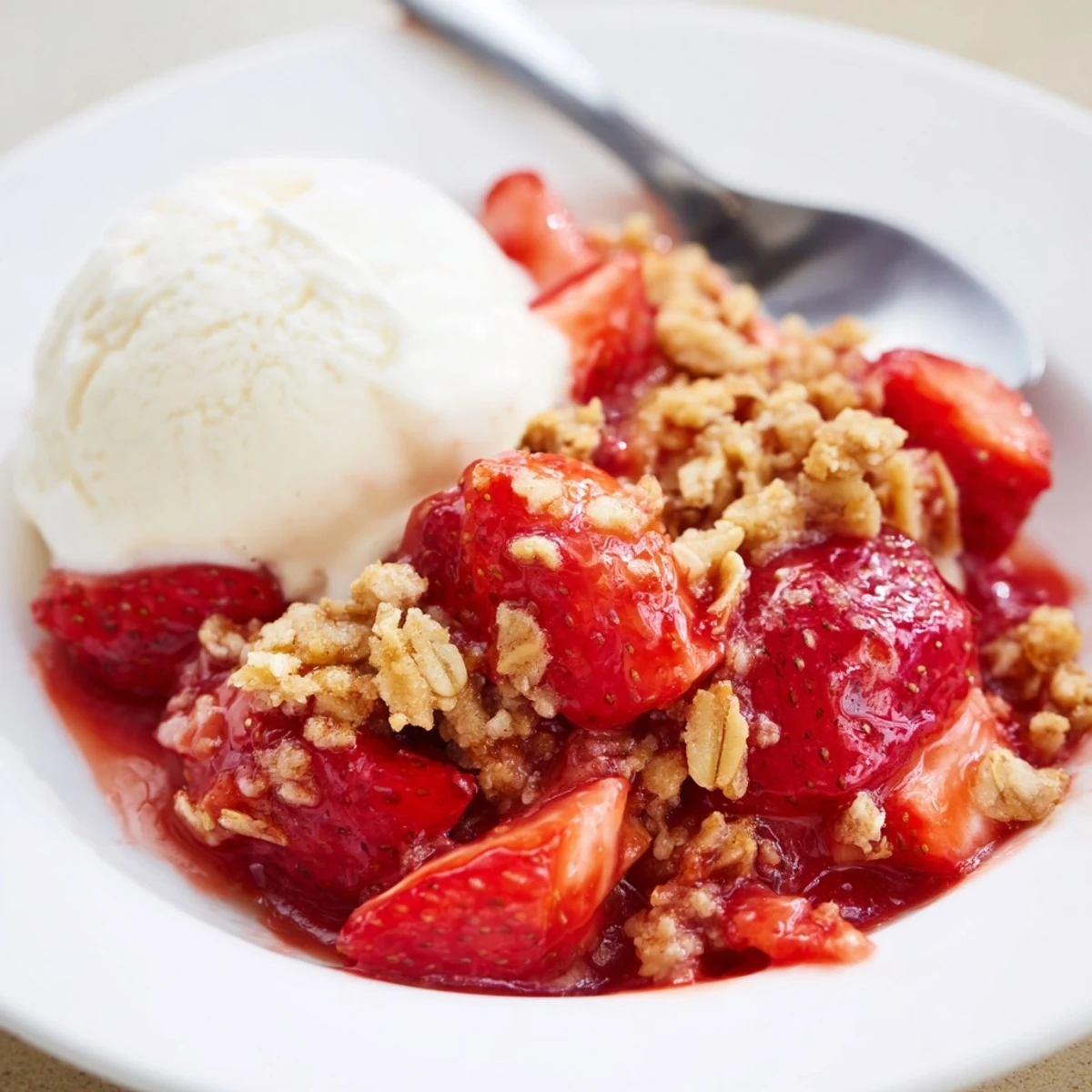 Rustic Fresh Strawberry Crisp Recipe, steam rising from buttery oat topping.