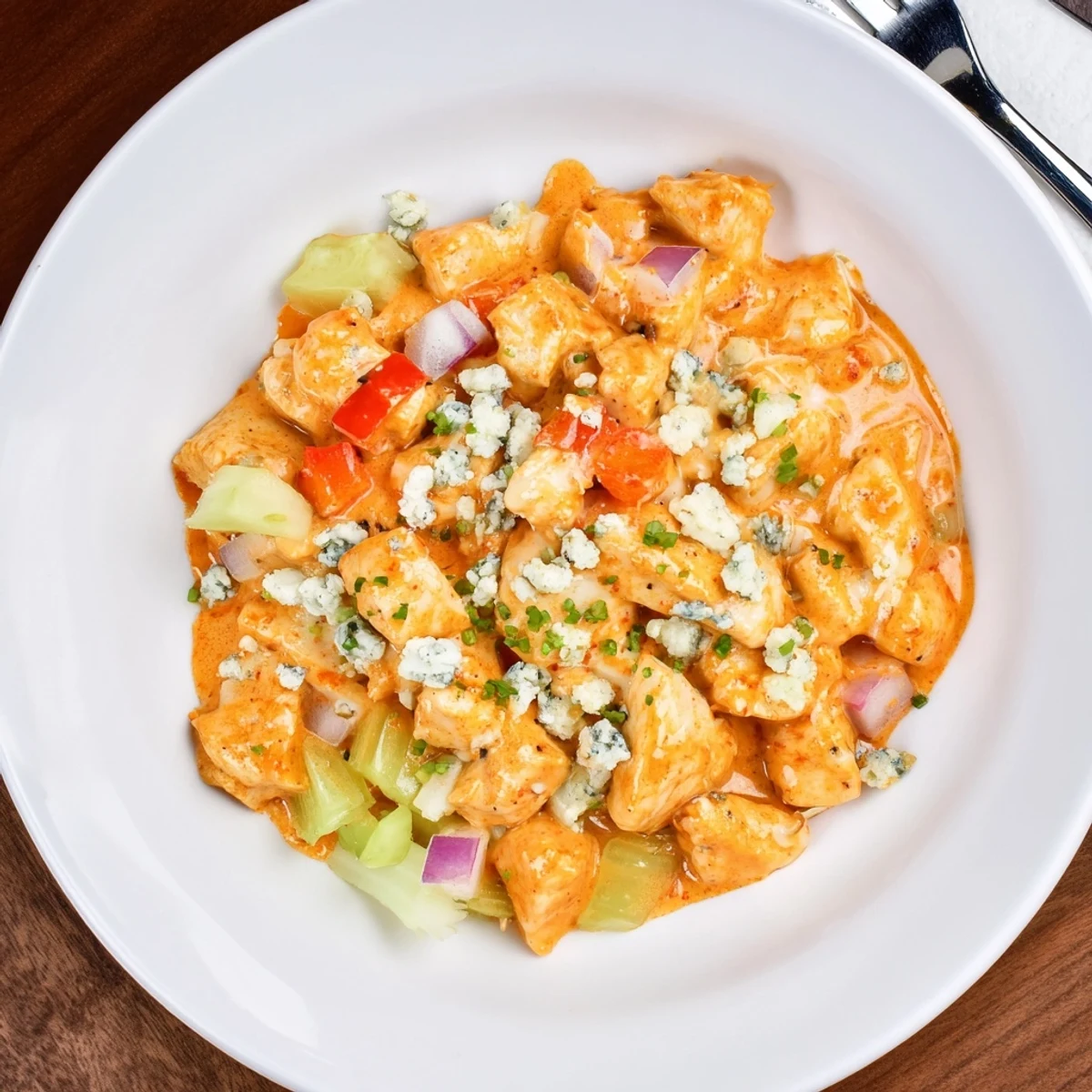 Keto Buffalo Chicken Skillet sizzling on stovetop, creamy sauce and melted mozzarella.