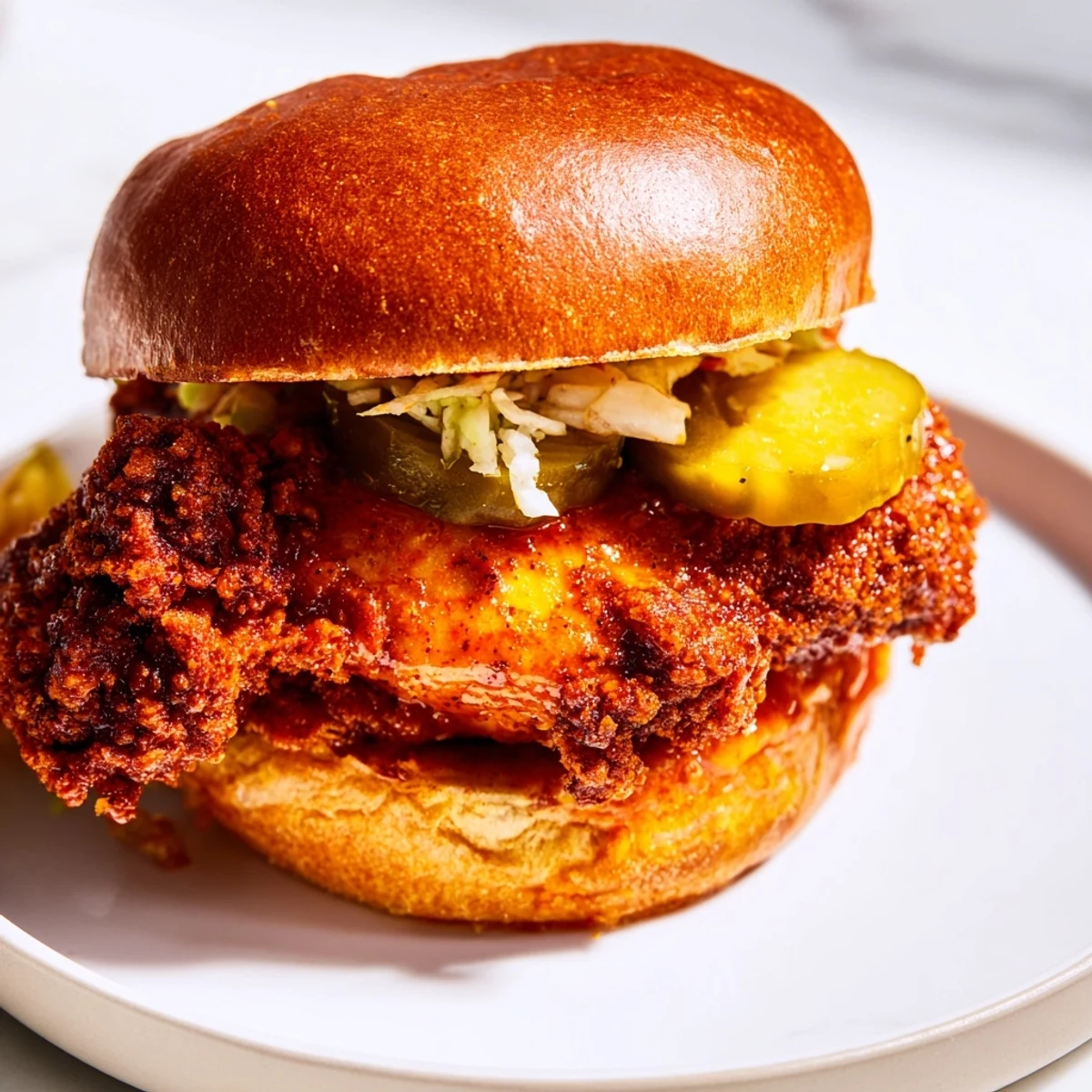 Spicy Nashville Hot Chicken Sandwiches piled on toasted brioche with crunchy pickles