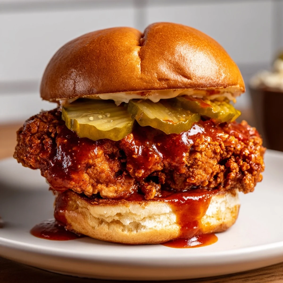 Glazed in fiery oil, Spicy Nashville Hot Chicken Sandwiches rest on wire rack