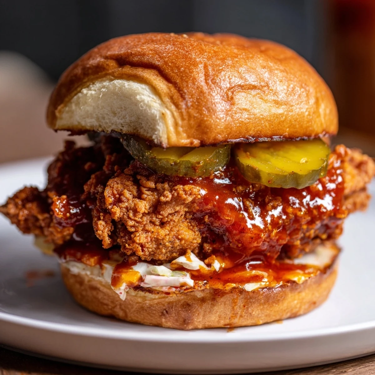 Spicy Nashville Hot Chicken Sandwiches served hot with sweet iced tea, irresistible crunch