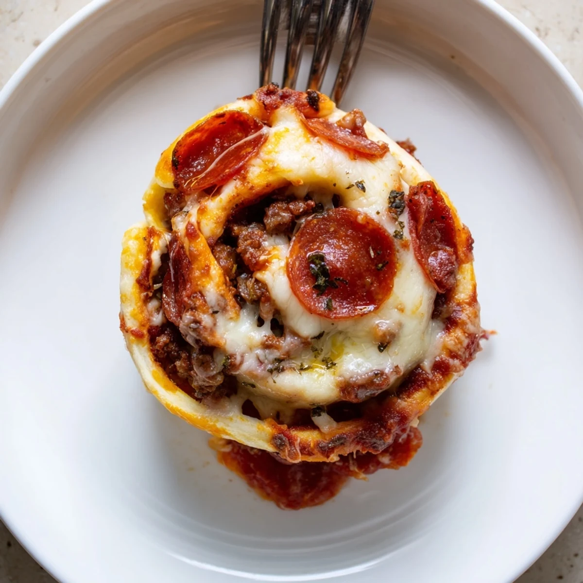 Family-friendly Cheesy Beef Pepperoni Pizza Roll Ups Snack Recipe, crisp edges and herb garnish