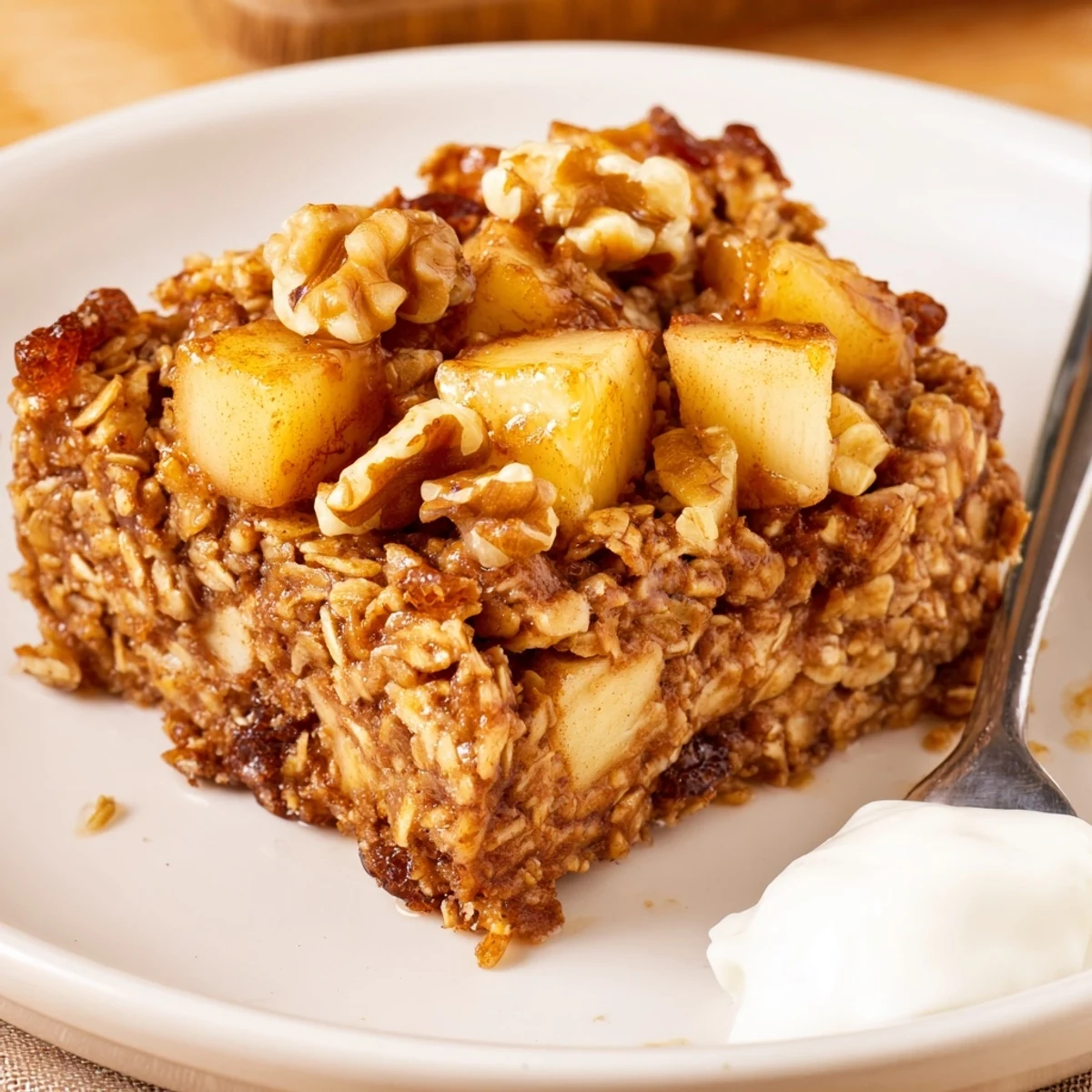 Warm square of Delicious Apple Cinnamon Oatmeal Bake Recipe For Mornings, steaming