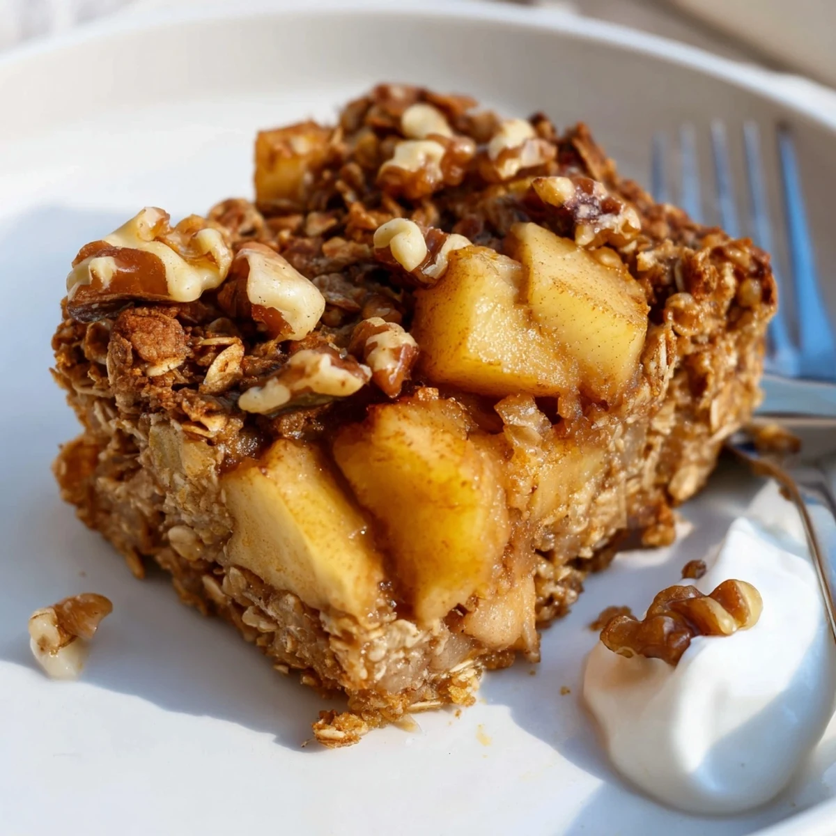 Baked golden Delicious Apple Cinnamon Oatmeal Bake Recipe For Mornings, topped with milk