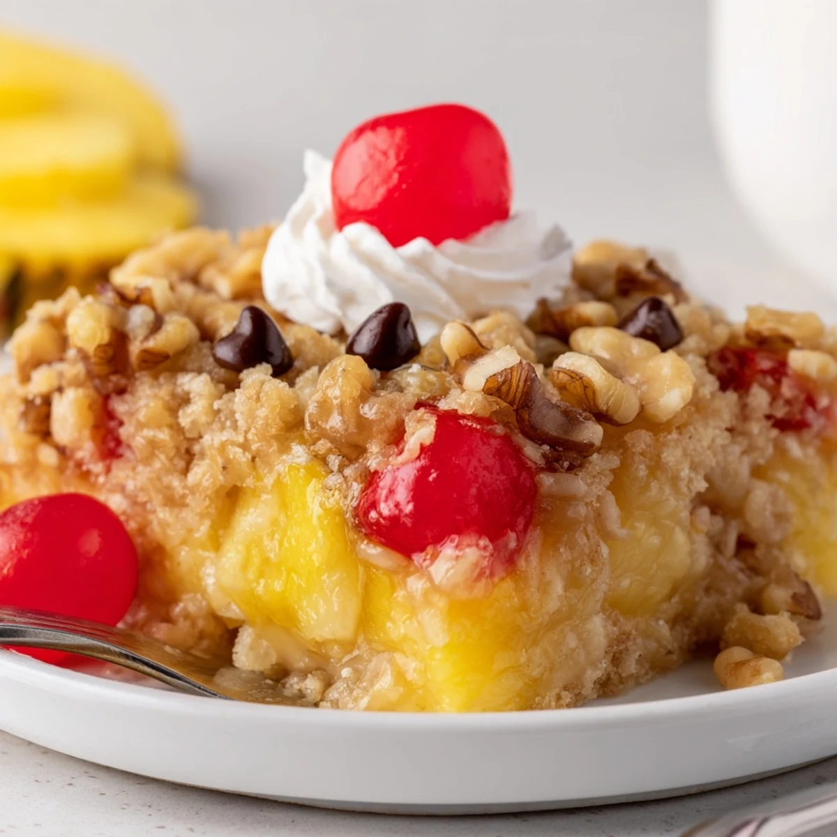 Warm Banana Split Dump Cake bubbling with cherries and melted chocolate, served