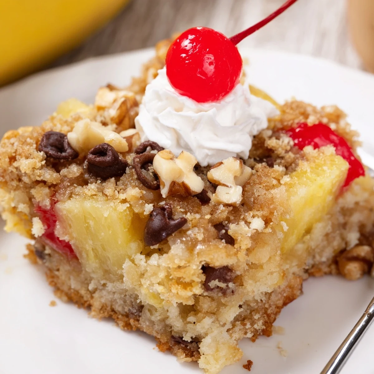 Sliced Banana Split Dump Cake topped with whipped cream and bright cherries