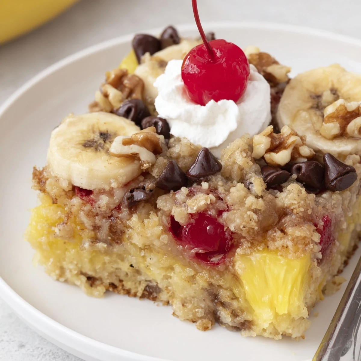 Golden Banana Split Dump Cake cooling in pan, pineapple juices glistening