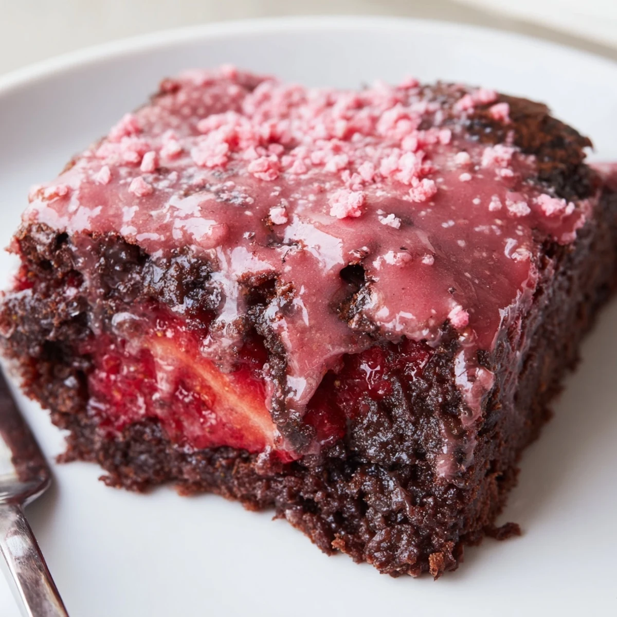 Warm Strawberry Brownies Recipe served with whipped cream and sliced strawberries