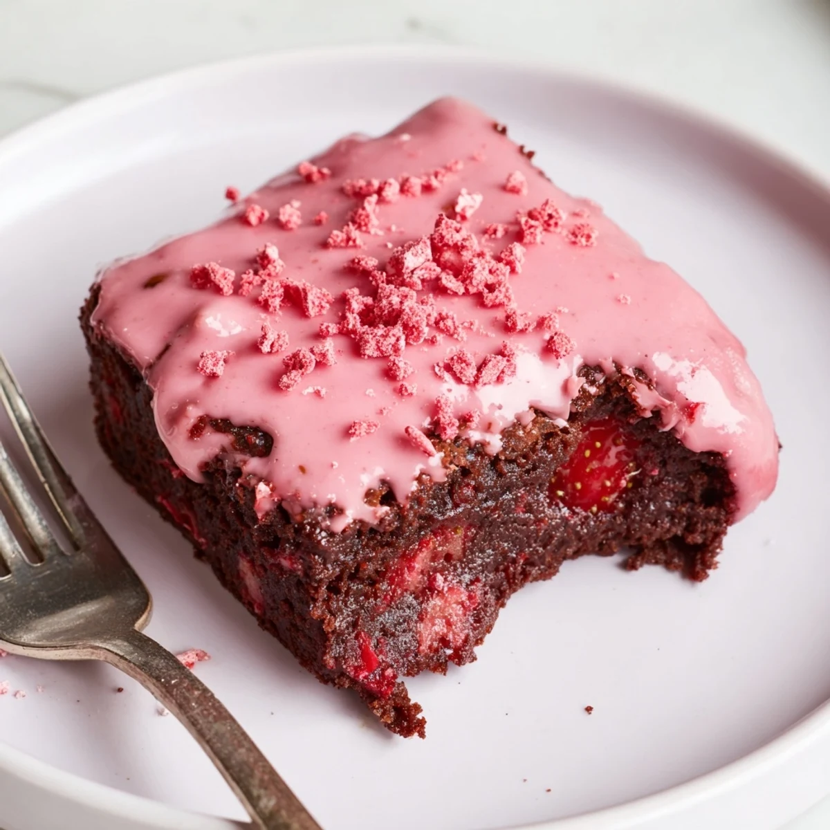 Strawberry Brownies Recipe: fudgy squares glazed with pink strawberry icing, fresh berries
