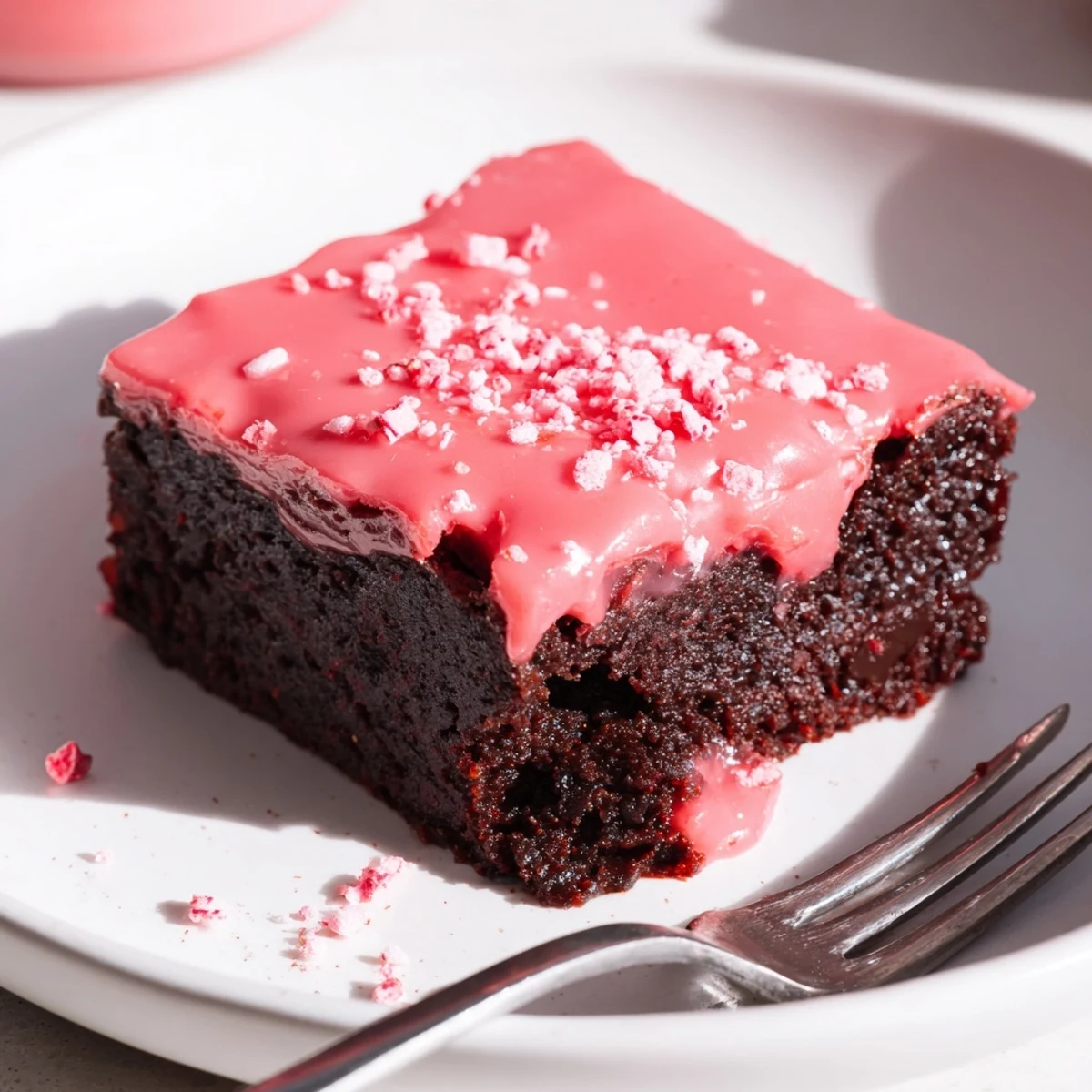 A bright Strawberry Brownies Recipe square showing glossy glaze and fork-ready texture